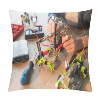 Personality  Cropped View Of Boy Making Robotic Model With Millimeter Near Screwdriver At Home  Pillow Covers