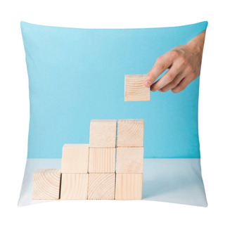 Personality  Cropped View Of Man Putting Wooden Block On Blue  Pillow Covers