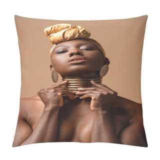 Personality  Sexy Naked Tribal Afro Woman Posing Isolated On Beige Pillow Covers