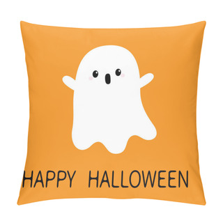 Personality  Flying Screaming Ghost Spirit. Boo. Happy Halloween. Scary White Baby Ghosts. Cute Cartoon Spooky Character. Funny Face, Hands Up. Greeting Card. Flat Design. Orange Background. Pillow Covers