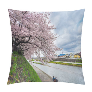 Personality  JAPAN, KYOTO - APRIL 9, 2017: Full Bloom Cherry Blossoms By The Banks Of Kamo River In Kyoto, Japan Pillow Covers