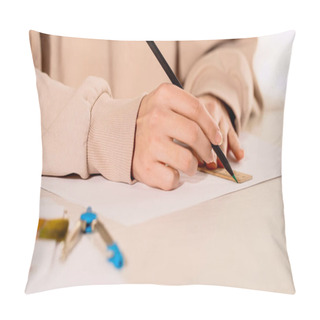Personality  Cropped View Of Woman Drawing With Ruler On Paper On Table  Pillow Covers
