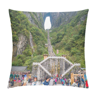 Personality  Zhangjiajie/China-15 October 2018:Crowd Of Tourist On Heaven Gate Cave Tianmen Mountain National Park At Zhangjiajie City China.Tianmen Mountain The Travel Destination Of Hunan Zhangjiajie City China Pillow Covers