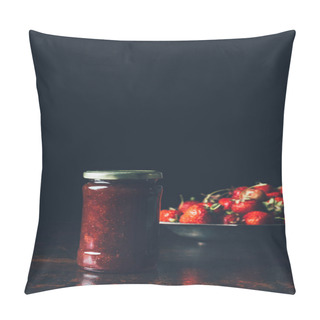 Personality  Selective Focus Of Jar With Strawberry Jam And Silver Tray With Strawberries On Black  Pillow Covers