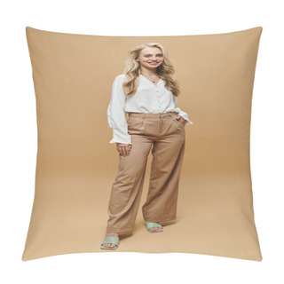 Personality  Full Length Of Young Trendy Woman In White Blouse And Pants On Beige, Timeless Classic Fashion Pillow Covers