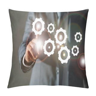 Personality  Cropped View Of Businessman In Suit Touching Gears With Finger Pillow Covers