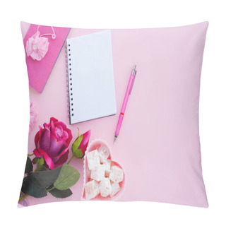 Personality  Flat Lay Girly, Pale Pink Items For Planning, Notepads, Pens, Office Work Or Working At Home On Her Laptop, On The Pale Pink Background, With Place For Labels. Concept Desk. Pillow Covers