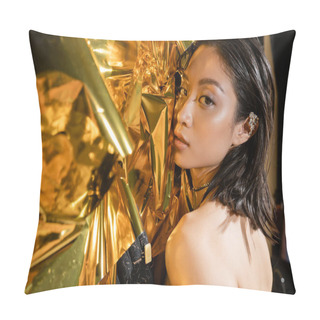 Personality  Portrait Of Alluring Asian Young Woman With Wet Short Hair Posing Next To Shiny Golden Background, Model, Looking At Camera, Wrinkled Yellow Foil, Natural Beauty, Black Glove  Pillow Covers