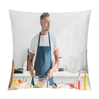 Personality  Handsome Man Preparing Salad At Kitchen Table Pillow Covers