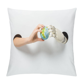 Personality  Cropped Image Of Woman And Robot Holding Earth Model Through Holes On White Environment Pillow Covers