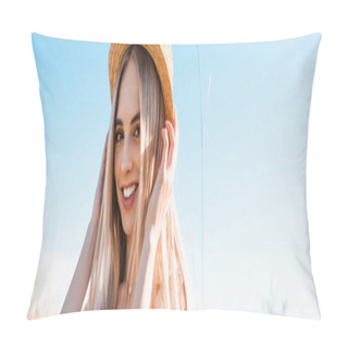 Personality  Horizontal Image Of Young Blonde Woman Touching Straw Hat While Looking At Camera Against Blue Sky Pillow Covers