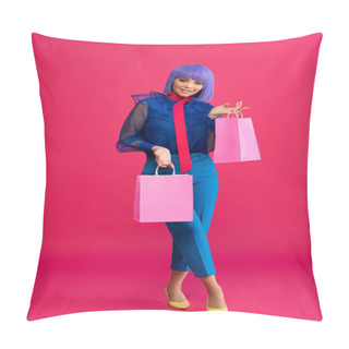 Personality  Fashionable Girl In Purple Wig Holding Shopping Bags, On Pink Pillow Covers