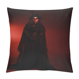 Personality  Full Length Of Woman In Mexican Santa Muerte Costume Looking At Camera On Burgundy Background With Red Lighting  Pillow Covers