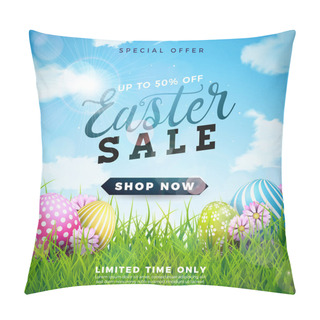 Personality  Easter Sale Illustration With Color Painted Egg And Spring Flower On Cloudy Sky Background. Vector Holiday Design Template For Coupon, Banner, Voucher Or Promotional Poster. Pillow Covers