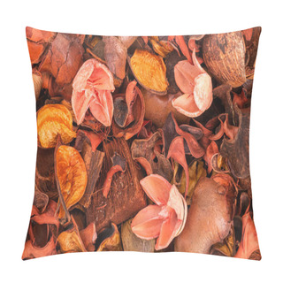 Personality  Flower Background Made Of Flower Petals, Nut Shells, Wood And Plants. Pink Shades. A Dried Flower.Layout For The Design. Close-up. Pillow Covers