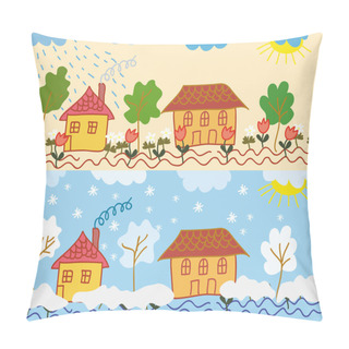 Personality  Landscape With Houses During Seasons Pillow Covers