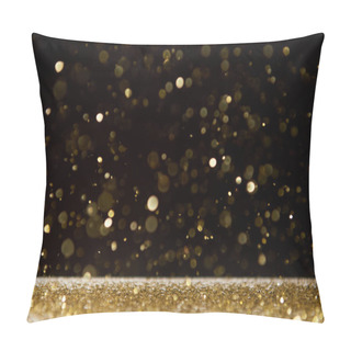 Personality  Selective Focus Of Bright Sparkles Falling On Table Isolated On Black  Pillow Covers