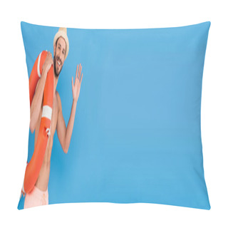 Personality  Shirtless Man With Life Buoy Waving Hand Isolated On Blue, Banner  Pillow Covers