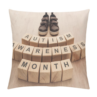 Personality  Autism Awareness Month Words Made Of Wooden Blocks Near Brown Children Sneakers Pillow Covers