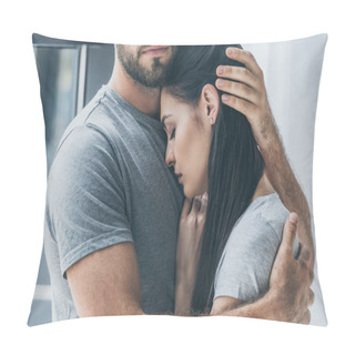 Personality  Cropped Shot Of Bearded Man Hugging And Supporting Young Sad Woman Pillow Covers
