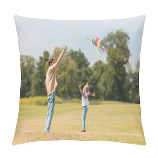 Personality  Side View Of Happy Father And Little Daughter Playing With Colorful Kite In Park Pillow Covers