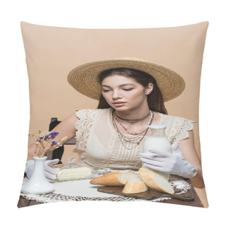 Personality  Trendy Model In Sun Hat Holding Milk And Butter Near Bread On Table Isolated On Beige  Pillow Covers