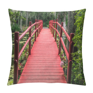 Personality  A Beautiful Red Foot Bridge Crosses A Pond In An Idyllic Plantation Landscape Near Charleston, South Carolina. Pillow Covers