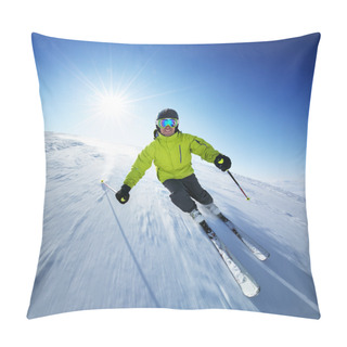 Personality  Skier In Mountains, Prepared Piste And Sunny Day Pillow Covers