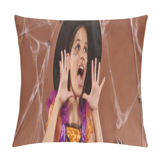 Personality  Emotional Girl In Witch Hat And Halloween Costume Screaming On Brown Background, Banner Pillow Covers