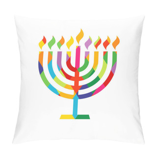 Personality  Hanukkah Menorah Emblem With Colored Stained Glass. Jewish Holiday Hanukkah Greeting Card Traditional Chanukah Symbol Menorah Candles Lights Colorful Pattern. Vector Template Pillow Covers