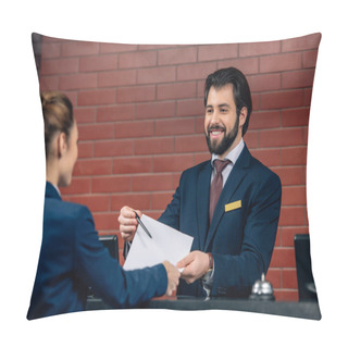 Personality  Hotel Receptionist Showing Contract Customer At Counter Pillow Covers