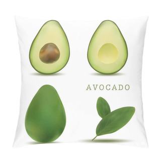 Personality  Realistic Vector Avocados Illustration. Whole And Cut Avocado Isolated On White Background. Bright Vector Set Of Colorful Half, Slice And Whole Of Fresh Avocado. Pillow Covers
