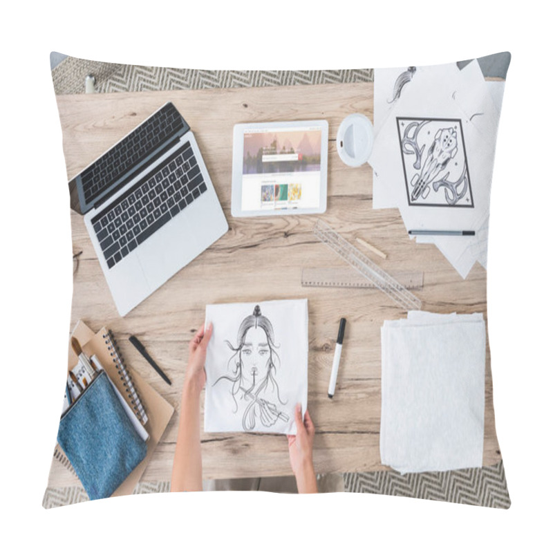 Personality  Cropped Image Of Female Designer Putting Painting On Table With Laptop And Digital Tablet With Shutterstock On Screen Pillow Covers