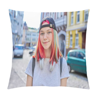 Personality  Portrait Of Fashionable Hipster Teenage Girl With Colored Dyed Hair In Black Cap Pillow Covers