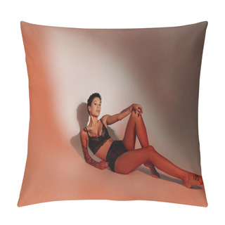 Personality  Full Length Of Passionate Woman In Black Underwear On Pale Red Background With Shadow Pillow Covers