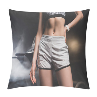 Personality  Cropped View Of Sportswoman Standing With Hand Hip Near Treadmill In Gym Pillow Covers