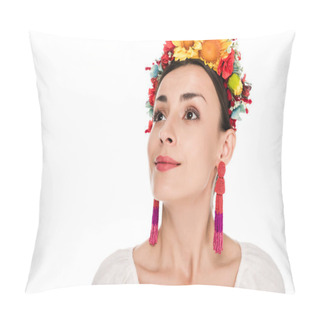 Personality  Brunette Young Woman In National Ukrainian Embroidered Shirt And Floral Wreath Looking Away Isolated On White Pillow Covers