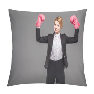Personality  Strong Businesswoman Posing In Boxing Gloves, Isolated On Grey Pillow Covers