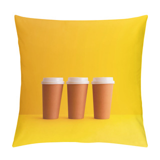 Personality  Multiple Disposable Coffee Cups Organized In A Row Over Yellow Background Pillow Covers