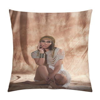 Personality  Elegant Woman In Egyptian Headdress And Pearl Top Looking At Camera On Abstract Background Pillow Covers