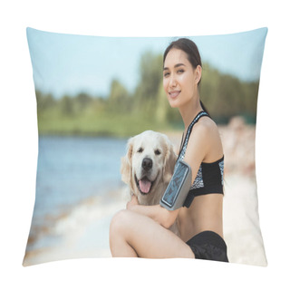 Personality  Smiling Asian Sportswoman With Smartphone In Running Armband Case Embracing Golden Retriever  Pillow Covers