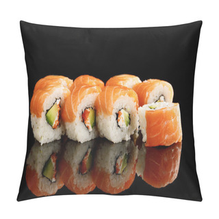 Personality  Delicious Philadelphia Sushi With Avocado, Creamy Cheese, Salmon And Masago Caviar Isolated On Black With Reflection Pillow Covers