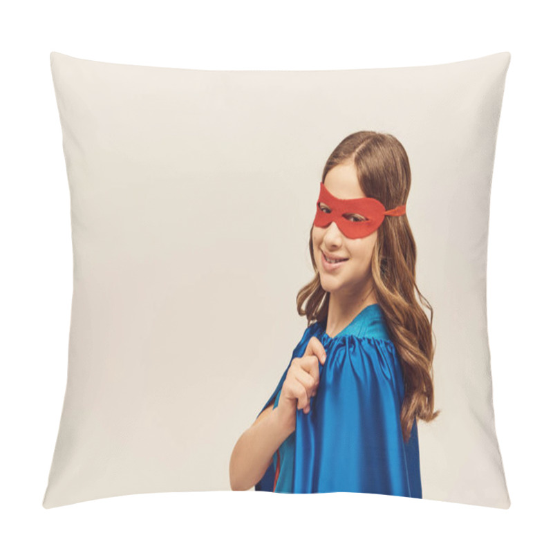 Personality  Happy Girl In Superhero Costume With Blue Cloak And Red Mask On Face Looking At Camera And Smiling While Celebrating International Children's Day On Grey Background  Pillow Covers