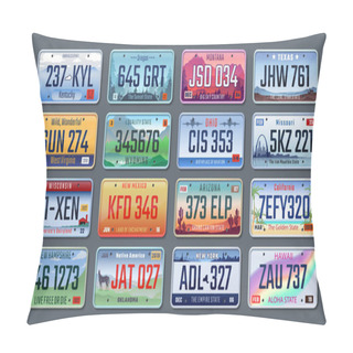 Personality  Car Plates. Vehicle License Numbers Of Different American States And Countries, Truck Registration Numbers. Vector Set Pillow Covers