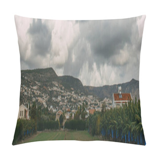 Personality  Panoramic Shot Of Green Trees Near Houses In Mountains  Pillow Covers