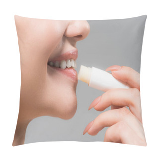 Personality  Cropped View Of Cheerful Girl Holding Lip Balm Near Lips Isolated On Grey  Pillow Covers