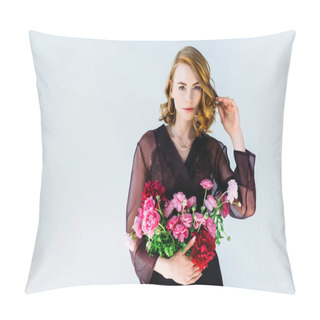 Personality  Beautiful Elegant Woman Holding Tender Flowers And Looking At Camera Isolated On Grey Pillow Covers