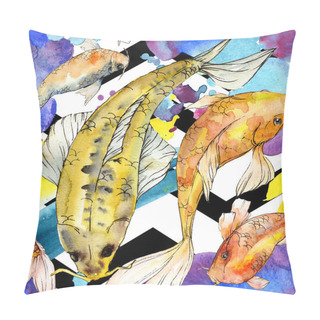 Personality Watercolor Aquatic Underwater Colorful Tropical Fish Set. Red Sea And Exotic Fishes Inside: Golden Fish. Aquarelle Elements For Background, Texture, Wrapper Pattern. Pillow Covers