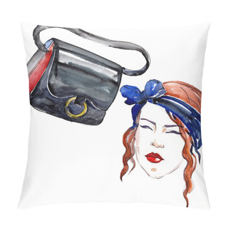 Personality  Girl And Bag Sketch Fashion Glamour Illustration In A Watercolor Style Isolated Element. Clothes Accessories Set Trendy Vogue Outfit. Watercolour Background Illustration Set. Pillow Covers