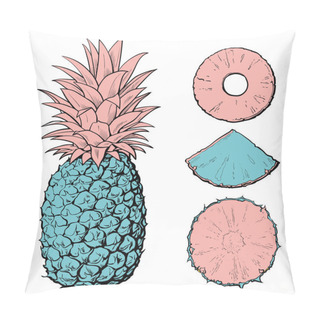Personality  Bright Blue And Pink Pineapple Cut Into Slices And Slices. Pillow Covers